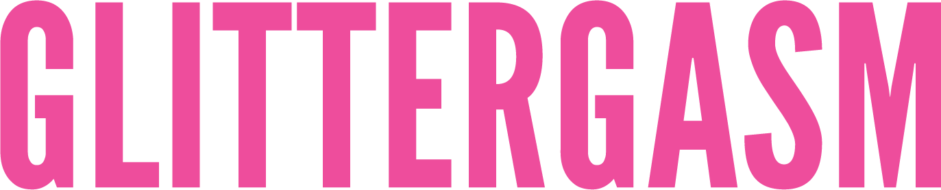 The word "Glittergasm" is written in hot pink in a sans serif, all caps, bold font.
